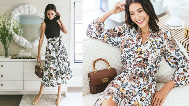 Models in printed dresses posing inside a home